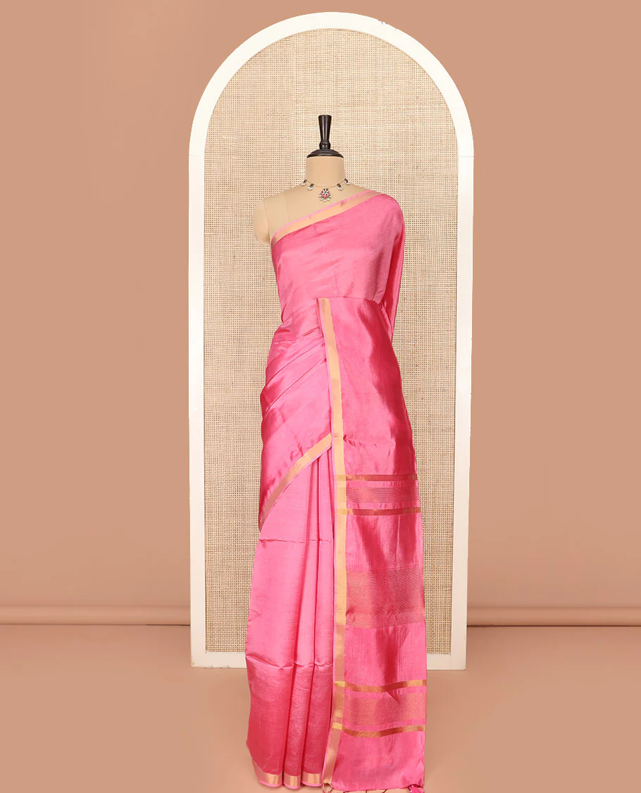 Pink Plain Banana Pith Saree Subtly Sparkled with Zari Bavanji Border, Gleaming Zari Stripes Woven Pallu, and Paired with a Matching Plain Blouse - Image 3