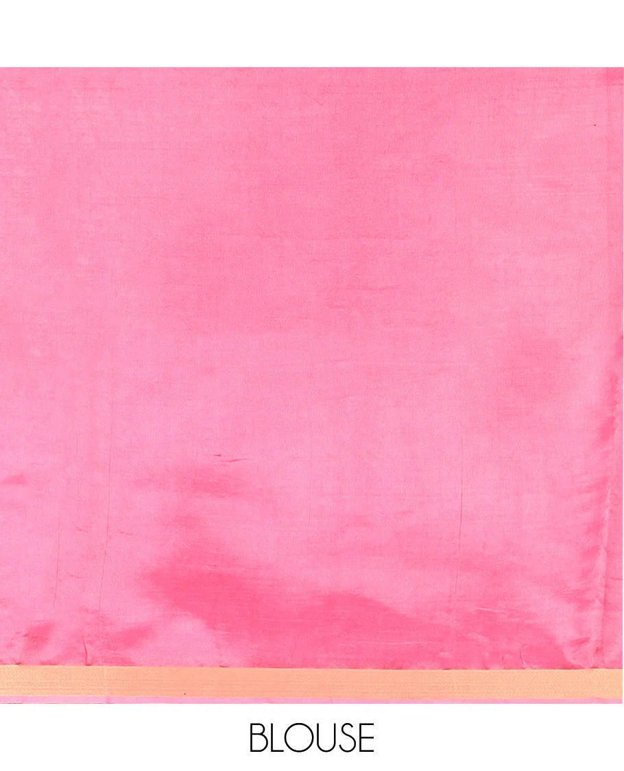 Pink Plain Banana Pith Saree Subtly Sparkled with Zari Bavanji Border, Gleaming Zari Stripes Woven Pallu, and Paired with a Matching Plain Blouse - Image 5