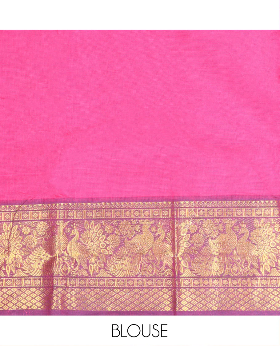 Pink Plain Chettinad Cotton Saree, Complemented by a Contrast Traditional Zari Design Border of Peacocks, Gleaming Zari Striped Pallu, and Paired with a Matching Blouse - Image 3