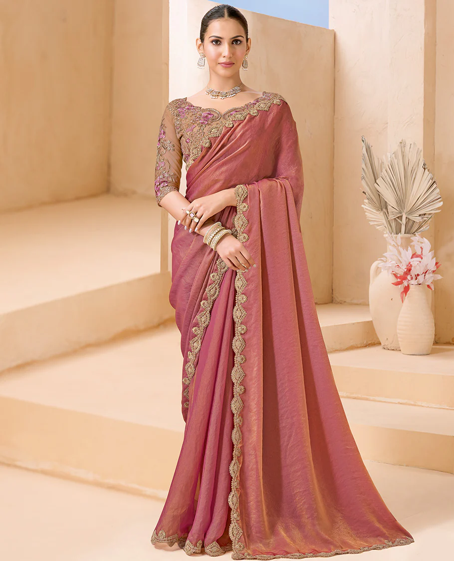 Pink Plain Designer Saree, Scallop Embroidered Border, a Self-Pallu, and Paired with a Contrast Intricately Embroidered Blouse