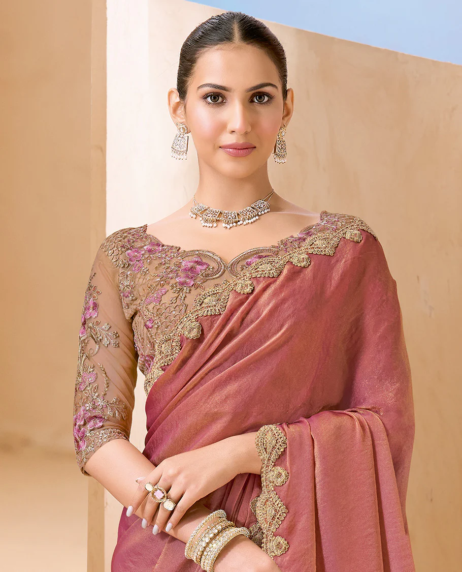 Pink Plain Designer Saree, Scallop Embroidered Border, a Self-Pallu, and Paired with a Contrast Intricately Embroidered Blouse - Image 2
