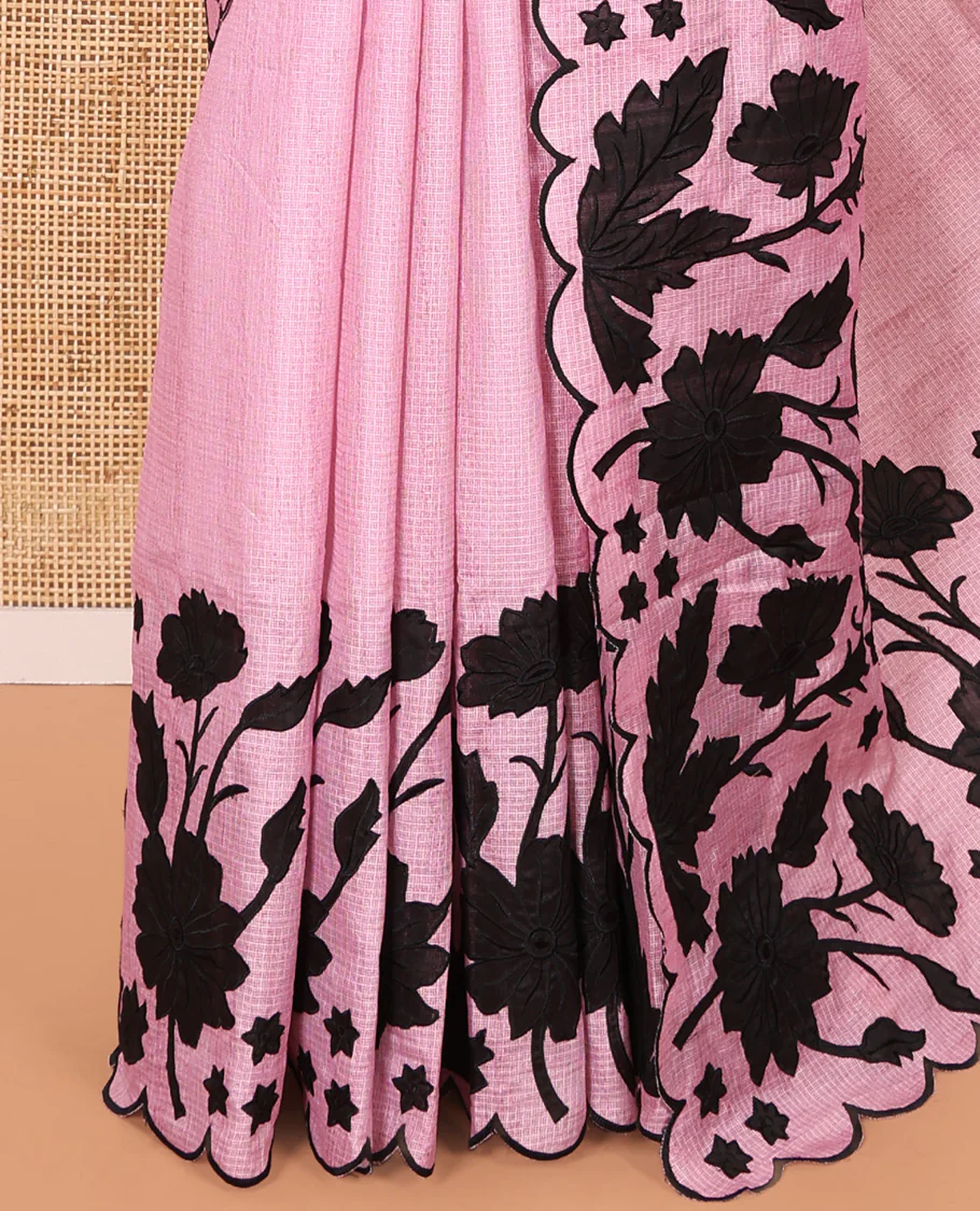 Pink Plain Fancy Kota Silk Saree Mesmerized with Floral Applique Embroidered Scallop Border, Applique Embroidered Pallu, and a Matching Blouse - Image 3