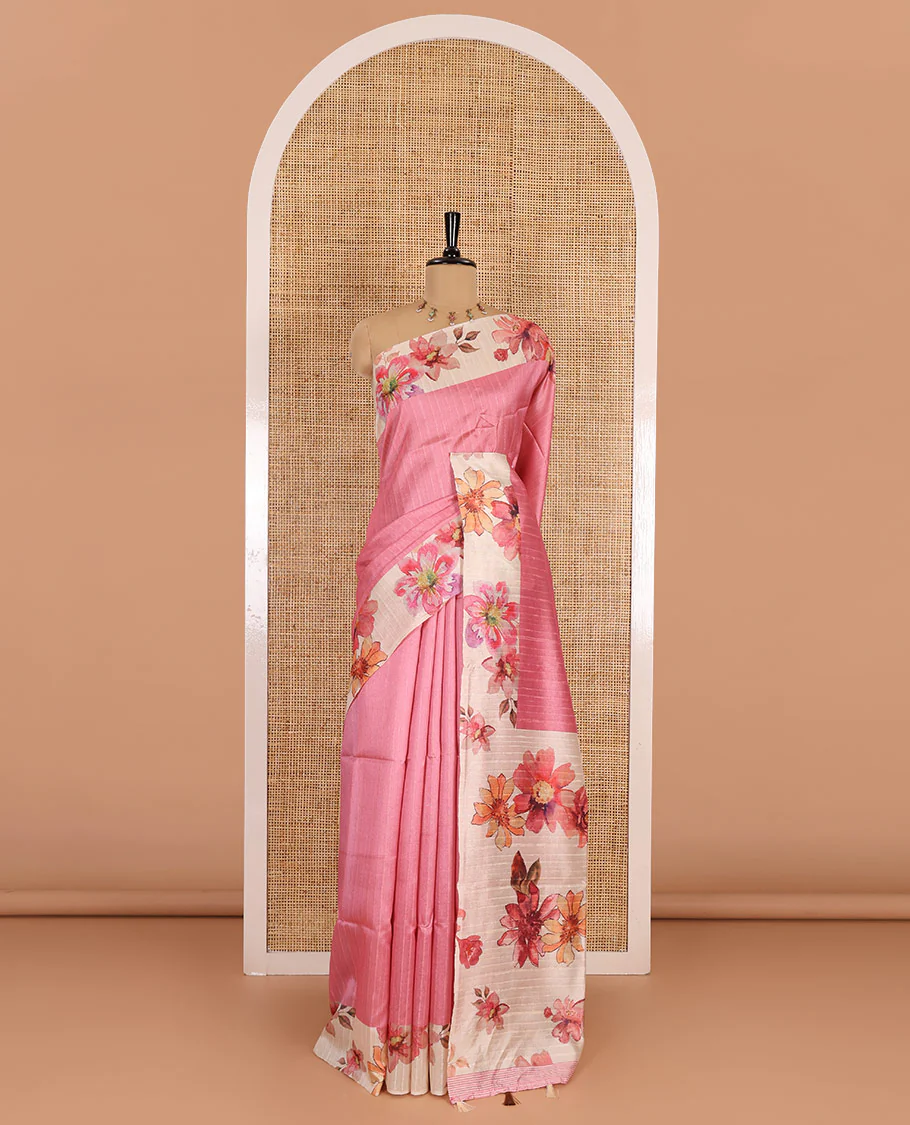 Pink plain fancy tussar digital printed saree, contrast floral digital printed border, floral printed pallu, and a floral printed blouse - Image 2