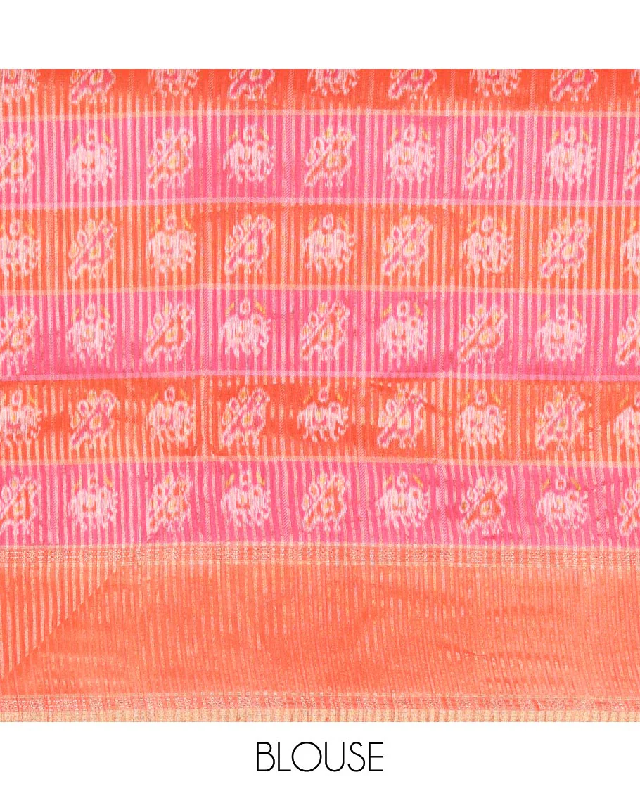 Pink Plain Semi-Tussar Silk Saree, Complemented by a Contrast Geometric Design Border, Subtly Zari Striped Pallu, and Paired with a Contrast Patola Printed Blouse - Image 6