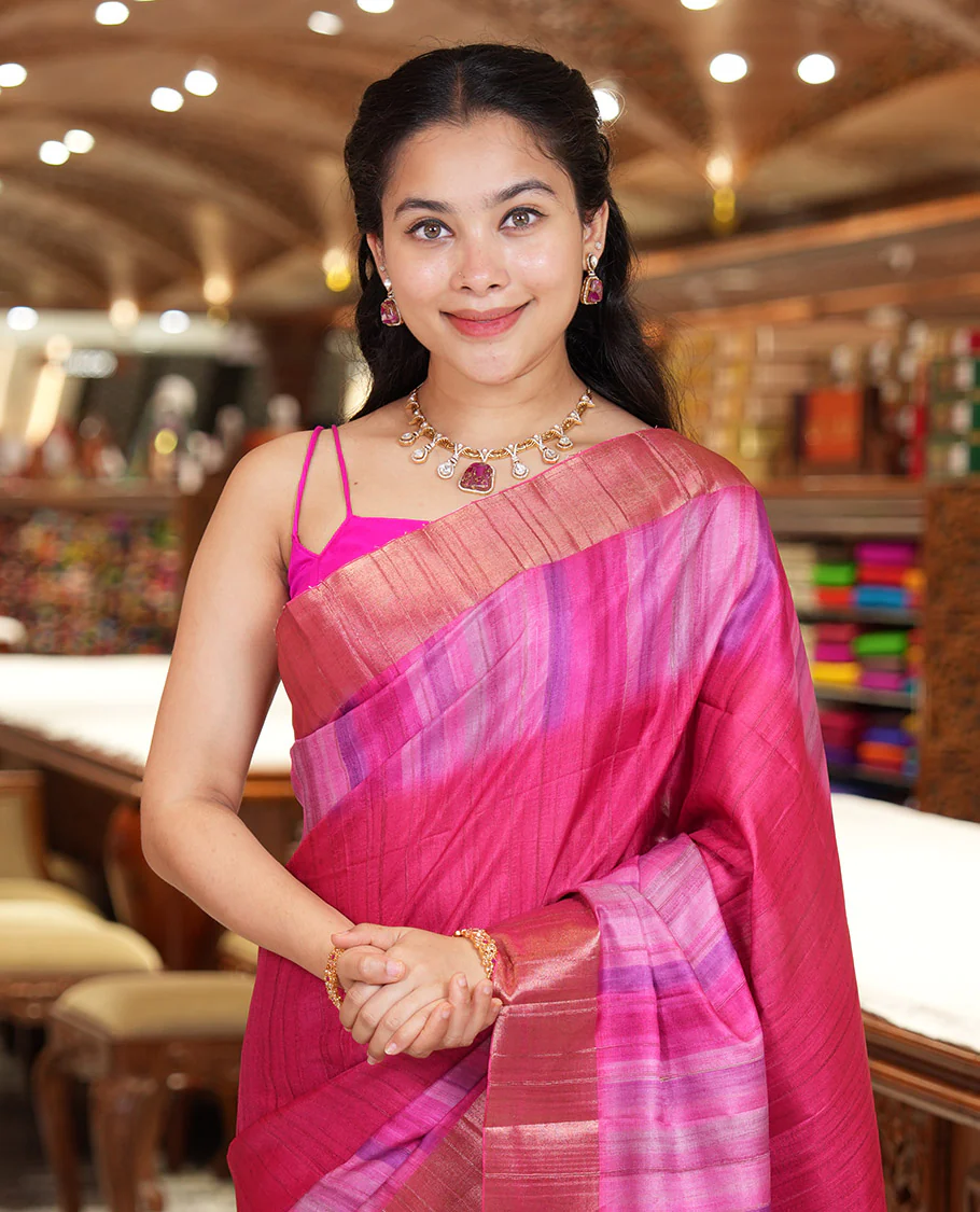Pink Plain Fancy Tussar Saree, Highlighted by a Zari Bavanji Handbrush Painting-Style Striped Border, Striped Pallu, and Paired with a Matching Blouse - Image 2