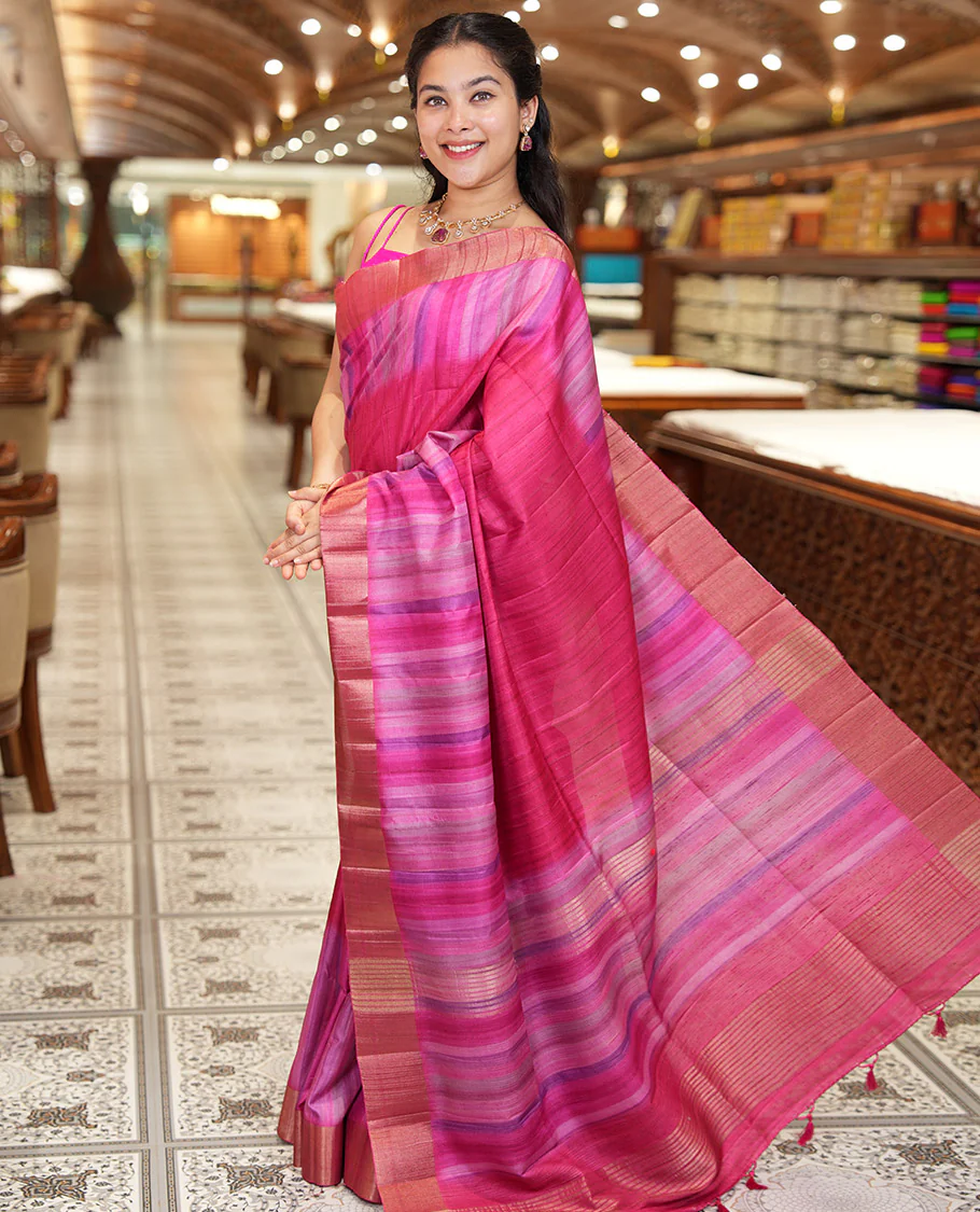 Pink Plain Fancy Tussar Saree, Highlighted by a Zari Bavanji Handbrush Painting-Style Striped Border, Striped Pallu, and Paired with a Matching Blouse - Image 3