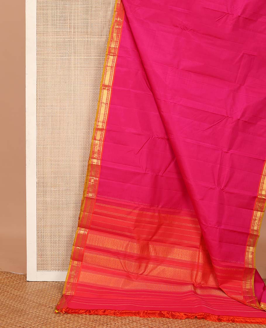 Pink plain Kanchipuram silk saree, contrast border of salngai, muthu, cross kamalam, and vanki designs, and zari design pallu - Image 3