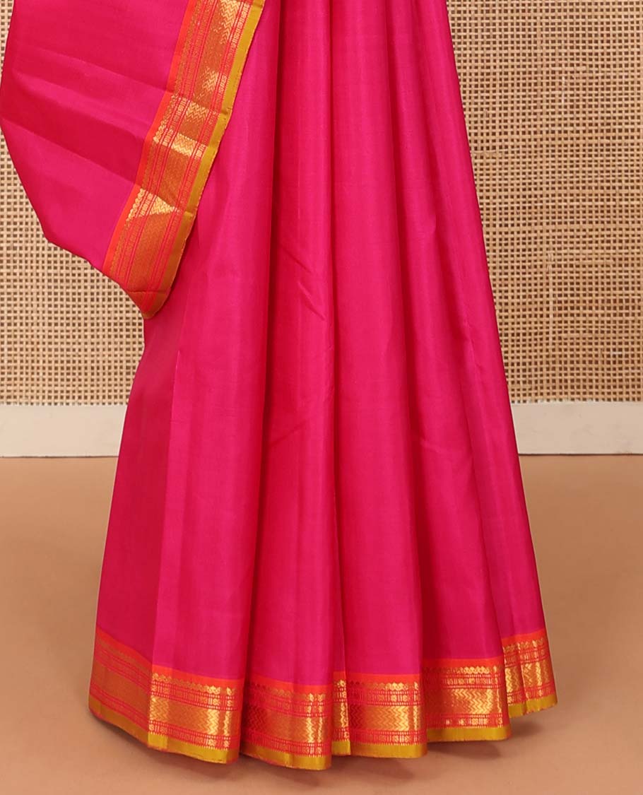 Pink plain Kanchipuram silk saree, contrast border of salngai, muthu, cross kamalam, and vanki designs, and zari design pallu - Image 5