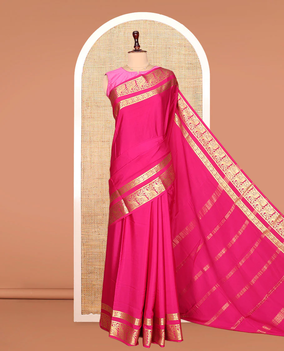 Pink Plain Mysore Silk Saree, Beautifully Detailed with Zari Border of Peacock Designs, Sparsely Woven Pallu of Stripes, and Paired with a Matching Blouse - Image 3