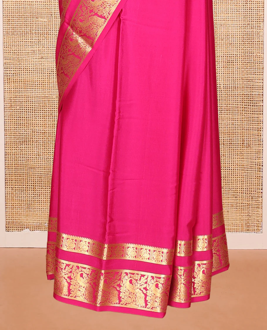 Pink Plain Mysore Silk Saree, Beautifully Detailed with Zari Border of Peacock Designs, Sparsely Woven Pallu of Stripes, and Paired with a Matching Blouse - Image 4