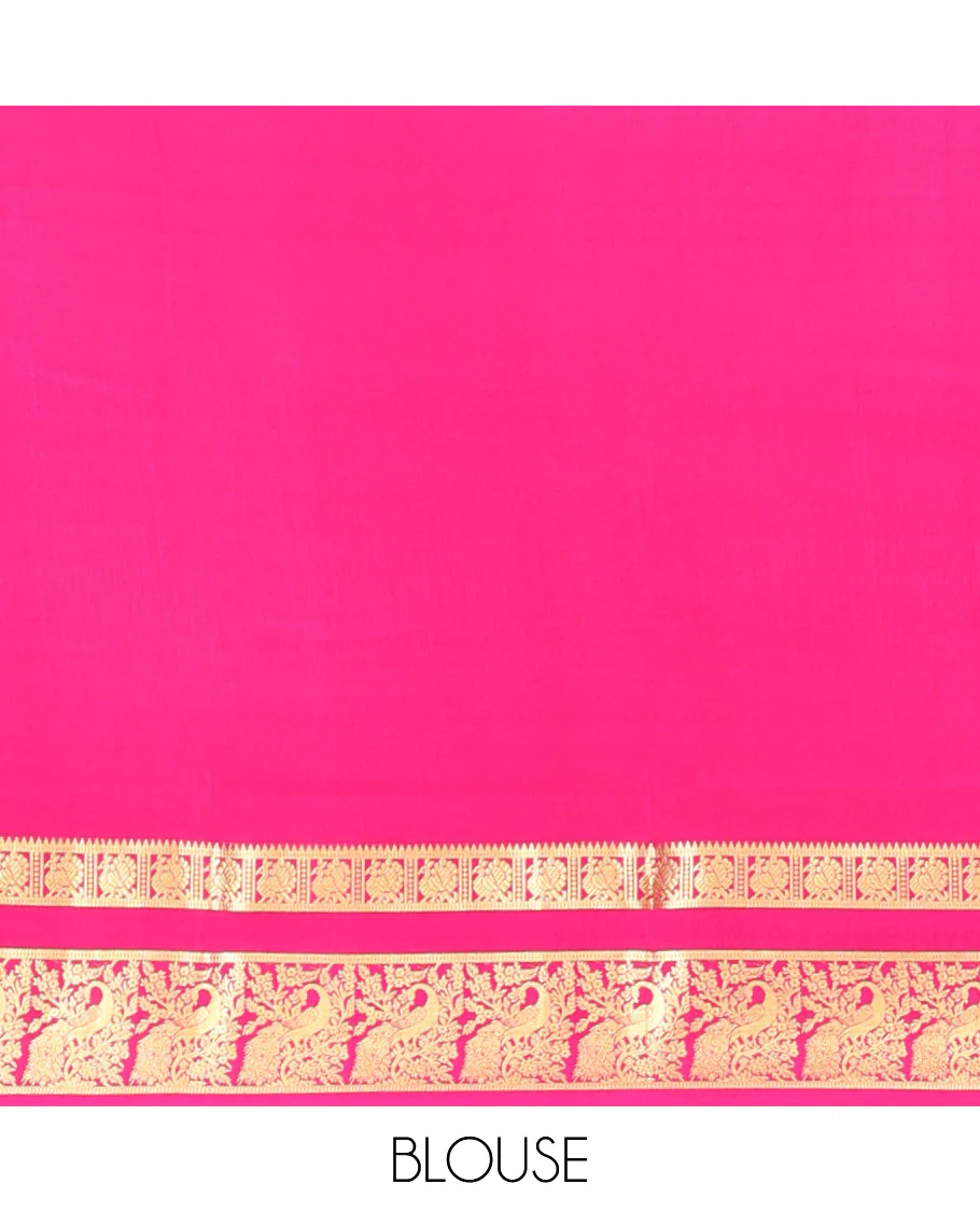 Pink Plain Mysore Silk Saree, Beautifully Detailed with Zari Border of Peacock Designs, Sparsely Woven Pallu of Stripes, and Paired with a Matching Blouse - Image 5