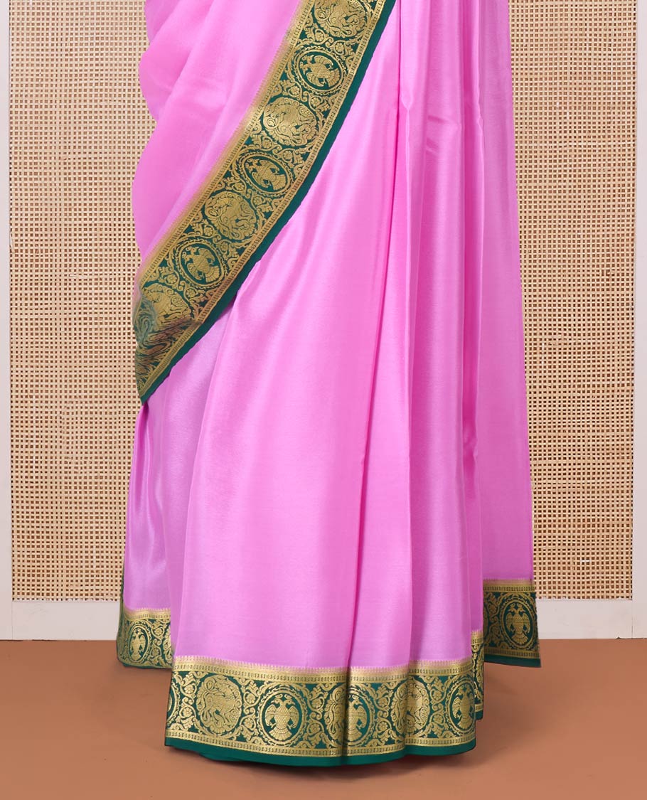 Pink plain Mysore silk saree, contrast border of two-headed eagle, and yaali designs, and zari striped pallu - Image 4