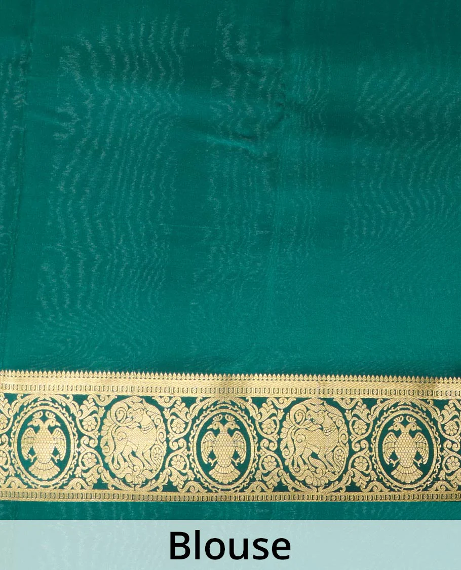 Pink plain Mysore silk saree, contrast border of two-headed eagle, and yaali designs, and zari striped pallu - Image 5