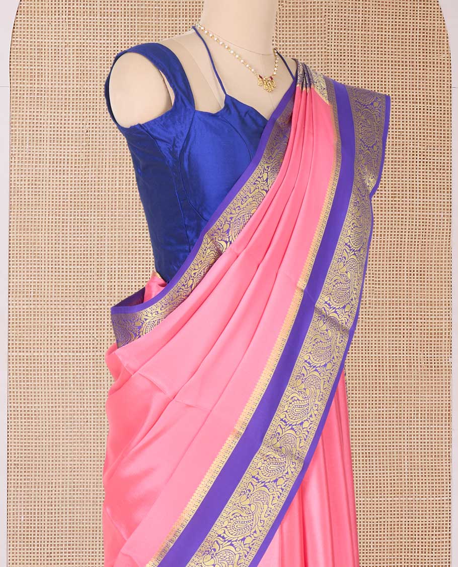 Pink plain Mysore silk saree, contrast rettai pettu traditional zari border, and pallu of jaal design - Image 2