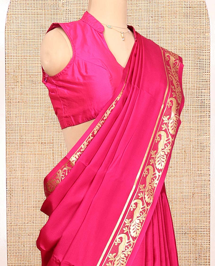 Pink Plain Mysore Silk Saree, Highlighted by a Traditional Zari Border of Peacock Designs, Pallu Steeped with Zari Stripes, and Paired with a Matching Blouse - Image 2