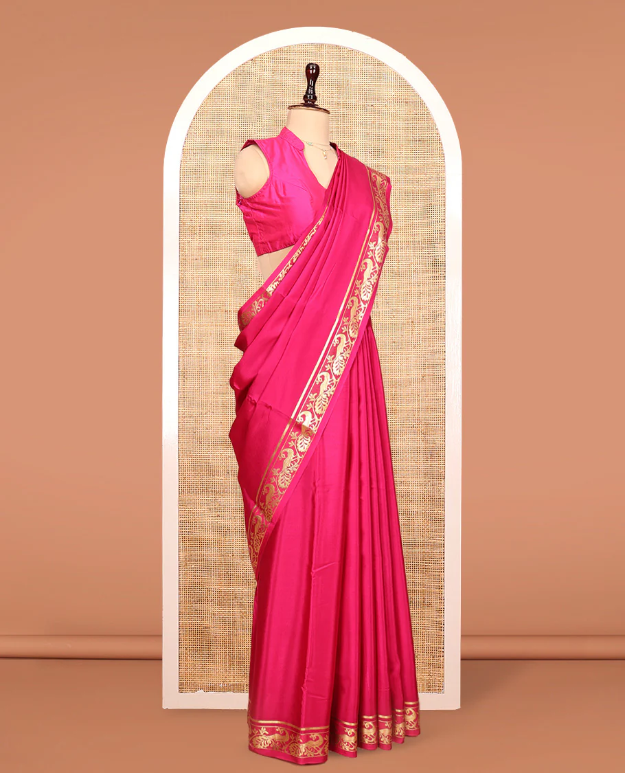 Pink Plain Mysore Silk Saree, Highlighted by a Traditional Zari Border of Peacock Designs, Pallu Steeped with Zari Stripes, and Paired with a Matching Blouse - Image 3
