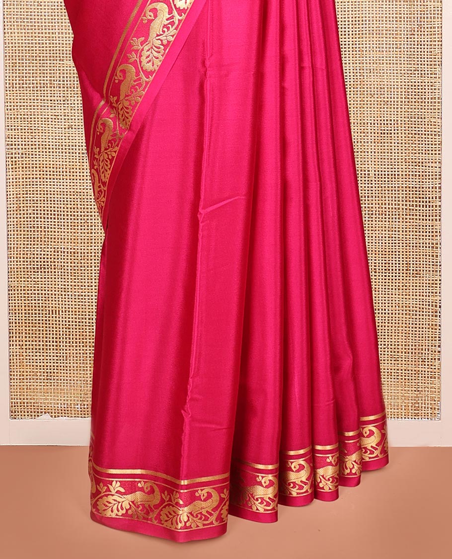 Pink Plain Mysore Silk Saree, Highlighted by a Traditional Zari Border of Peacock Designs, Pallu Steeped with Zari Stripes, and Paired with a Matching Blouse - Image 4