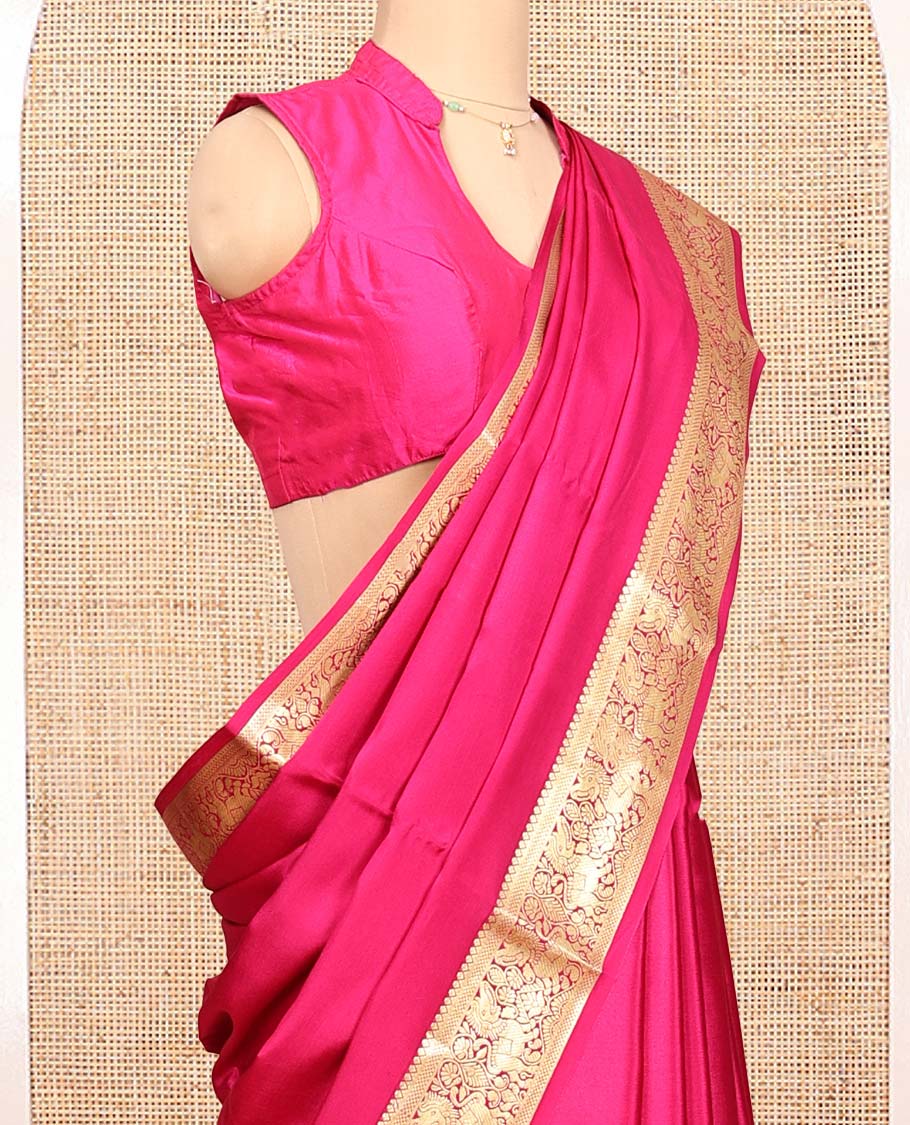 Pink Plain Mysore Silk Saree, Highlighted by a Traditional Zari Border of Yaali Designs, Pallu Steeped with Traditional Designs, and Paired with a Matching Blouse - Image 2