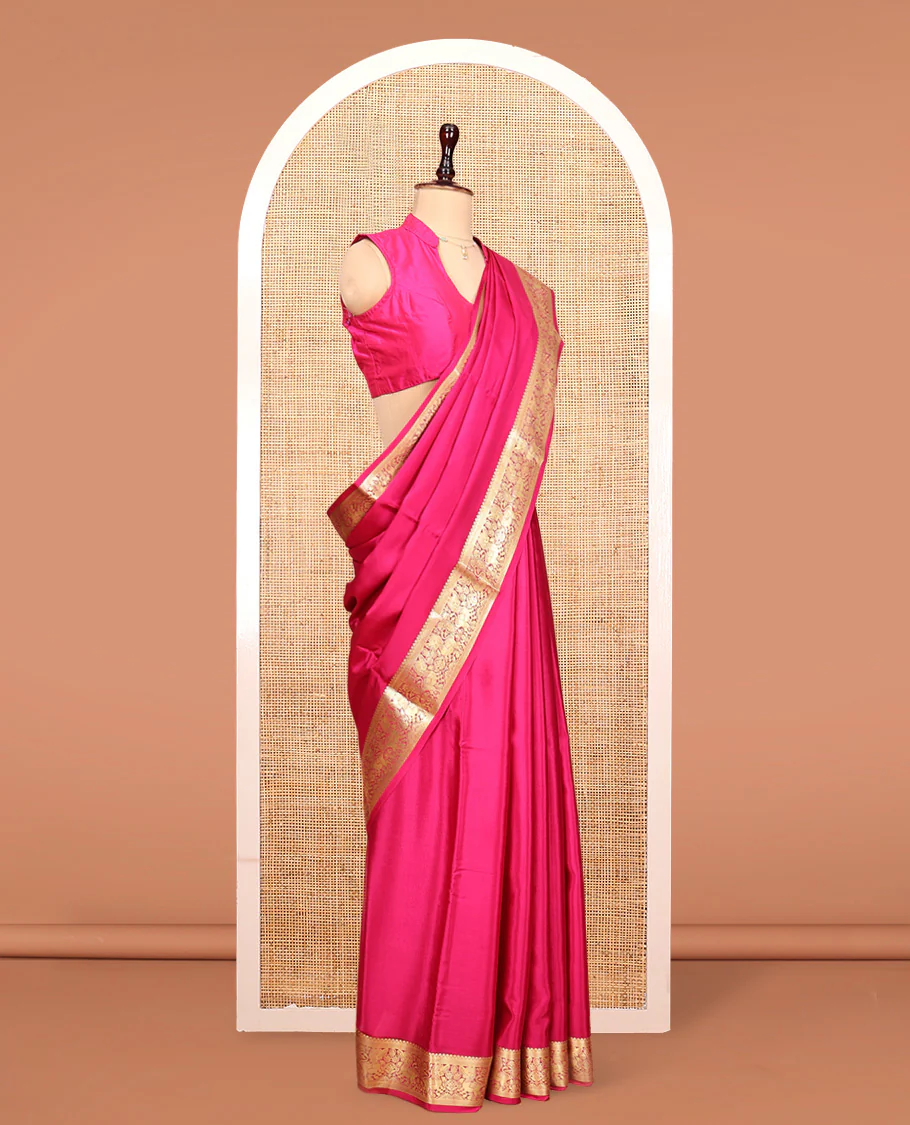Pink Plain Mysore Silk Saree, Highlighted by a Traditional Zari Border of Yaali Designs, Pallu Steeped with Traditional Designs, and Paired with a Matching Blouse - Image 3