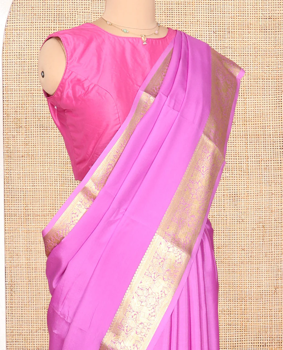 Pink Plain Mysore Silk Saree, Highlighted by a Zari Border of Yaali Designs, Pallu Steeped with Zari Designs, and Paired with a Matching Blouse - Image 2