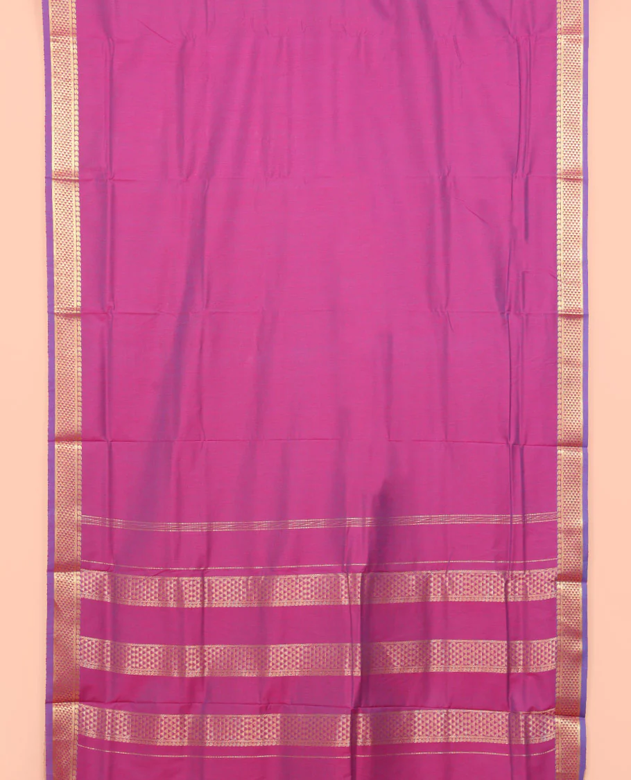 Pink Plain Nine Yard Cotton Saree, Complemented by Contrast Traditional Zari Border of Ara Maadam Designs, Pallu of Ara Maadam Designs, and Comes Without a Blouse - Image 2