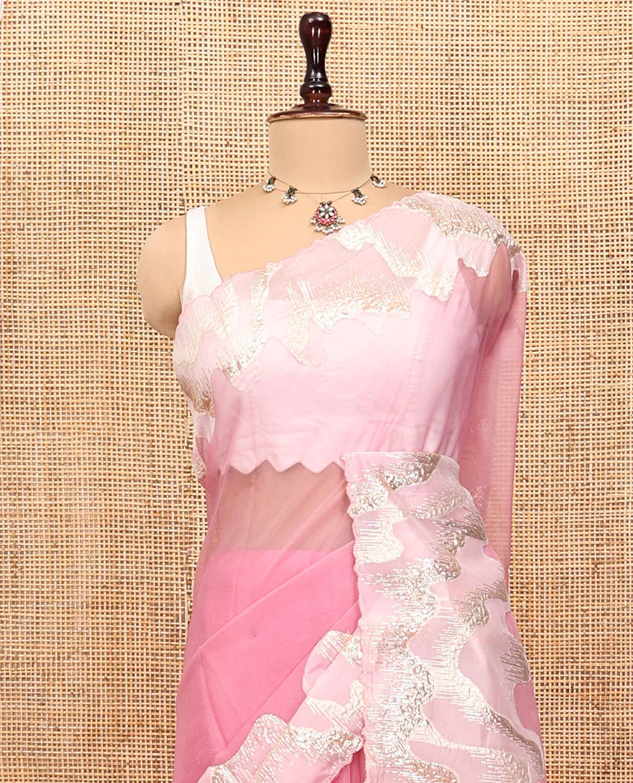 Pink Plain Organza Saree, Complemented by a Contrasting Gleaming Golden-Foil Floral Embroidery Border and a Matching Blouse - Image 2