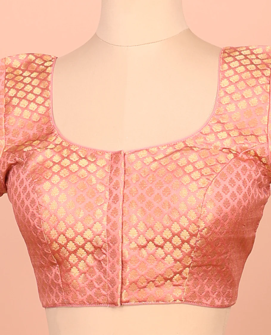 Pink Plain Readymade Blouse Featuring a Front Round-Neck, Back Round-Neck, and Elbow Sleeves - Image 2
