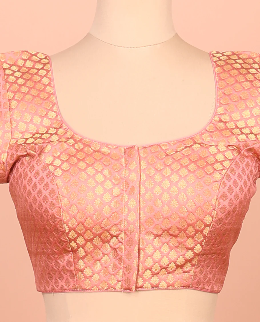 Pink Plain Readymade Blouse Featuring a Front Round-Neck, Back Round-Neck, and Elbow Sleeves - Image 3