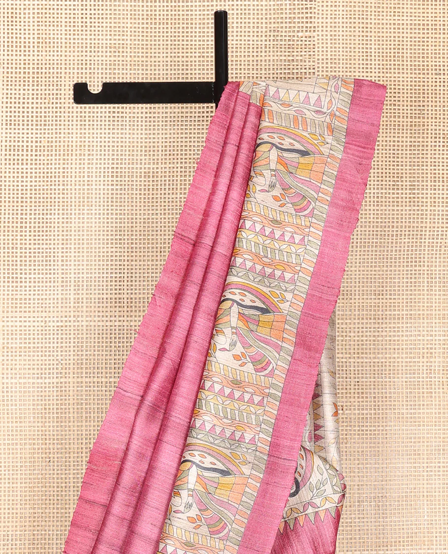 Pink Plain Tussar Saree, Impeccably Styled with Madhubani-Style Figurines Print, a Pallu Depicting Madhubani Print, and a Matching Blouse - Image 2