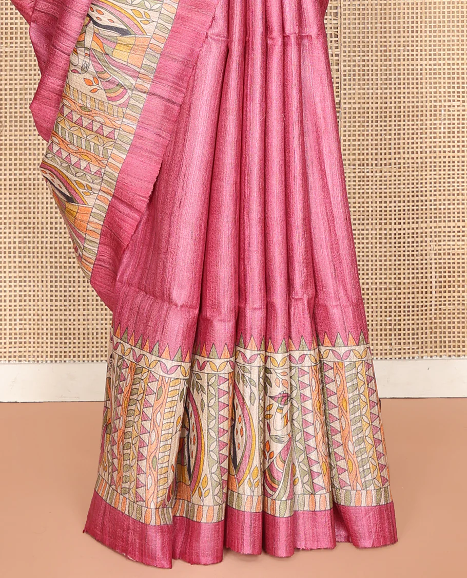Pink Plain Tussar Saree, Impeccably Styled with Madhubani-Style Figurines Print, a Pallu Depicting Madhubani Print, and a Matching Blouse - Image 3