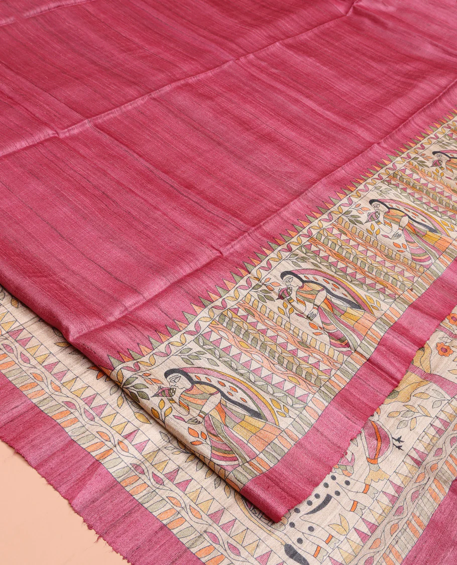 Pink Plain Tussar Saree, Impeccably Styled with Madhubani-Style Figurines Print, a Pallu Depicting Madhubani Print, and a Matching Blouse - Image 4