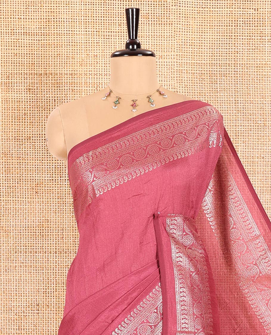 Pink Plain Vichitra Silk Saree Subtly Sparked with Self-Border Featuring Traditional Designs, Plain Pallu, and Comes Without Blouse - Image 2