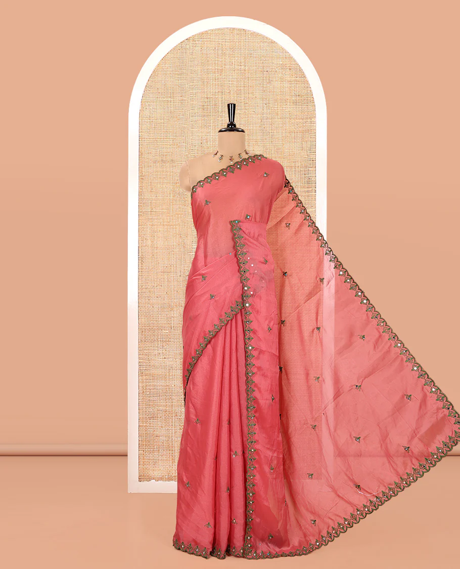 Pink Rangoli Chiffon Saree, Finely Crafted with Thread and Mirror Work Buttas on Its Body, Subtle Scallop Embroidered Border, Embroidered Pallu, and Paired with a Contrast Mirror Work Blouse