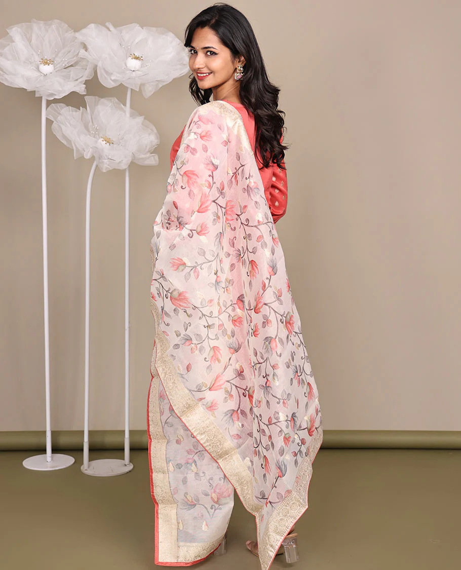 Pink Ready-Made Rayon Suit, Adorned with Round-Neckline Embroidery, 3/4 Sleeves, and a Straight-Cut Top, Paired with Straight-Cut Pants and a Floral Vine Embroidered Dupatta - Image 6