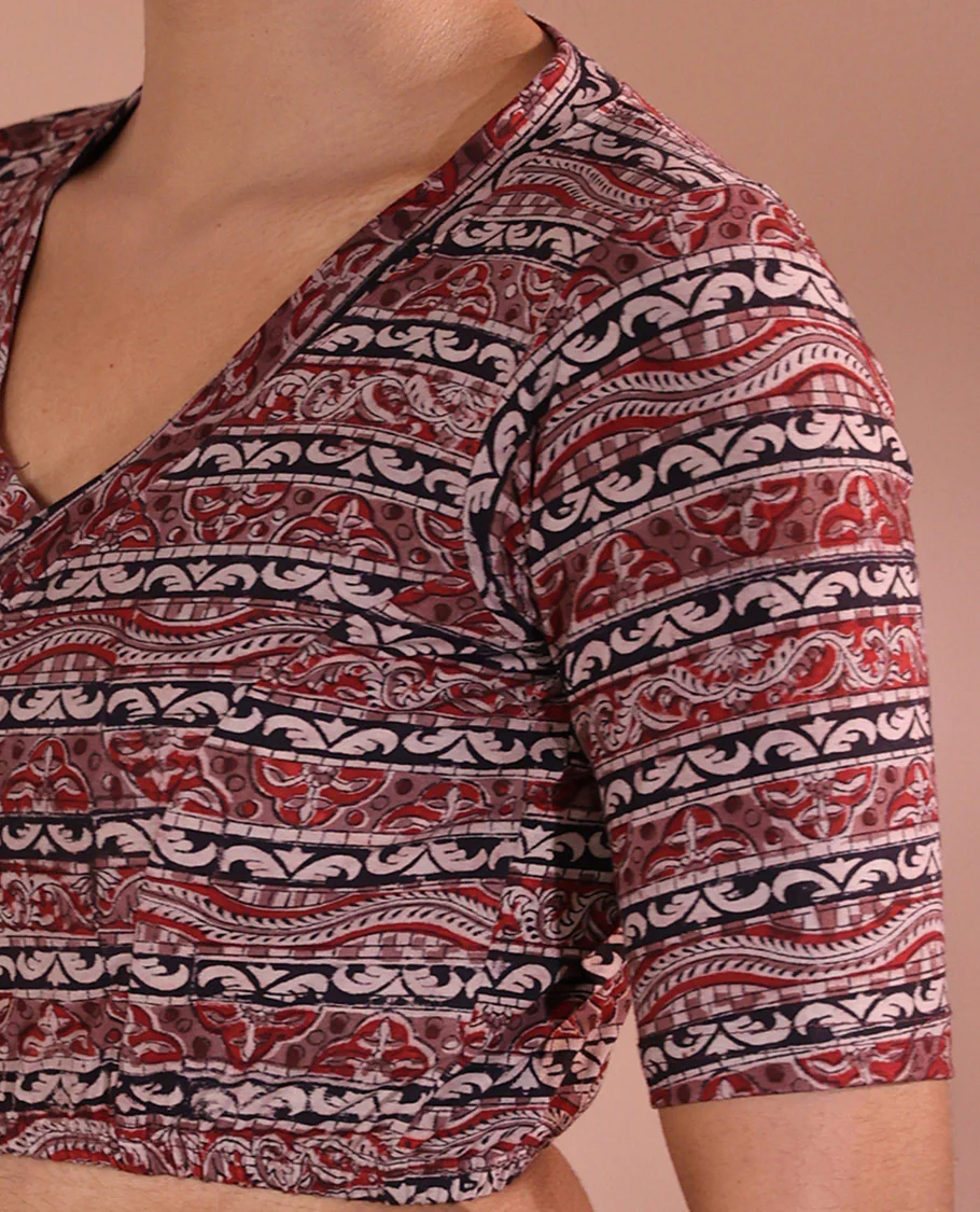 Pink Readymade Blouse Adorned with Geometric Motifs Print, Featuring Front Leaf-Neck, Back Closed Neck, and Half-Sleeves - Image 2