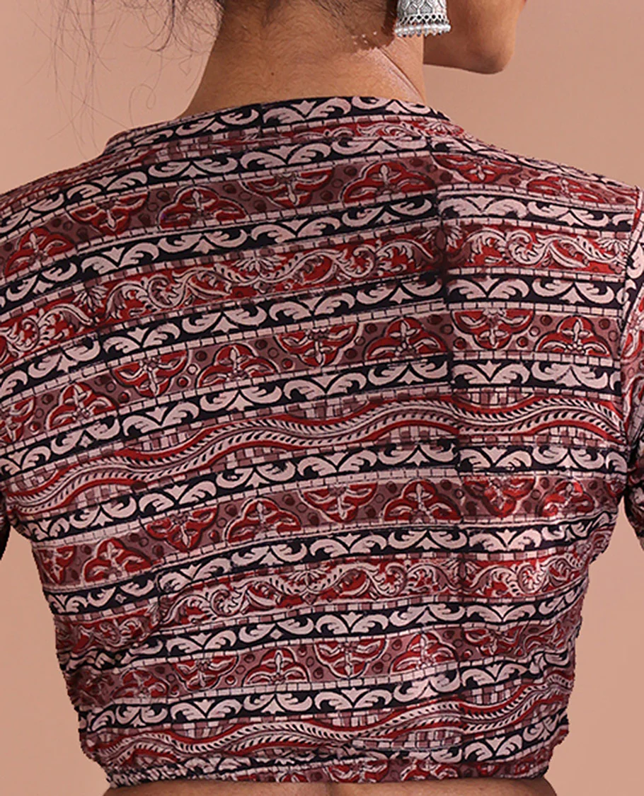 Pink Readymade Blouse Adorned with Geometric Motifs Print, Featuring Front Leaf-Neck, Back Closed Neck, and Half-Sleeves - Image 3