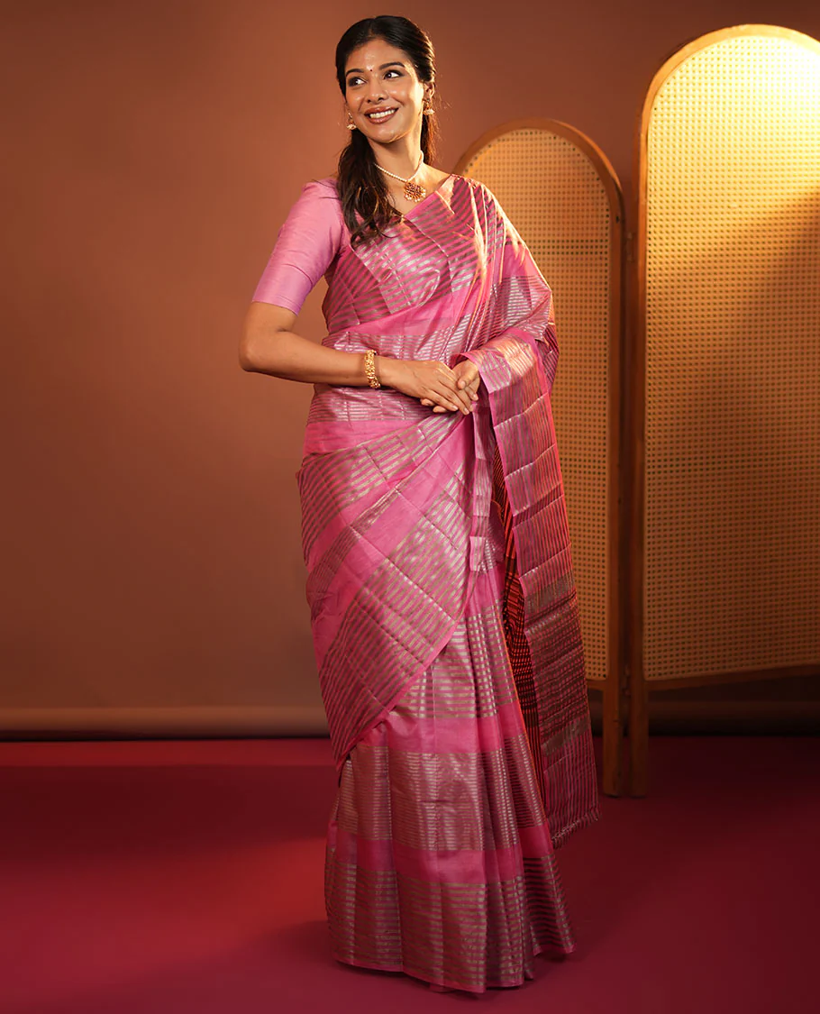Pink Tussar Silk Saree, Highlighted by Horizontal Zari Stripes Running All Over Its Body, Highlighted by Zari Striped Border, Zari Gleamed up Pallu, and Paired with a Matching Blouse - Image 5