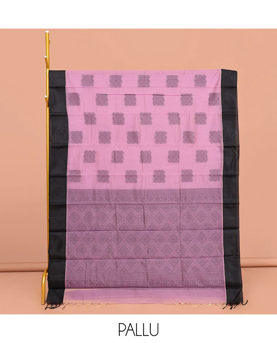 Pink Semi-Silk Cotton Saree, Delicately Designed with Buttas All Over Its Body, Contrast Plain Border, Pallu of Jaal Design, and Paired with a Matching Blouse - Image 2