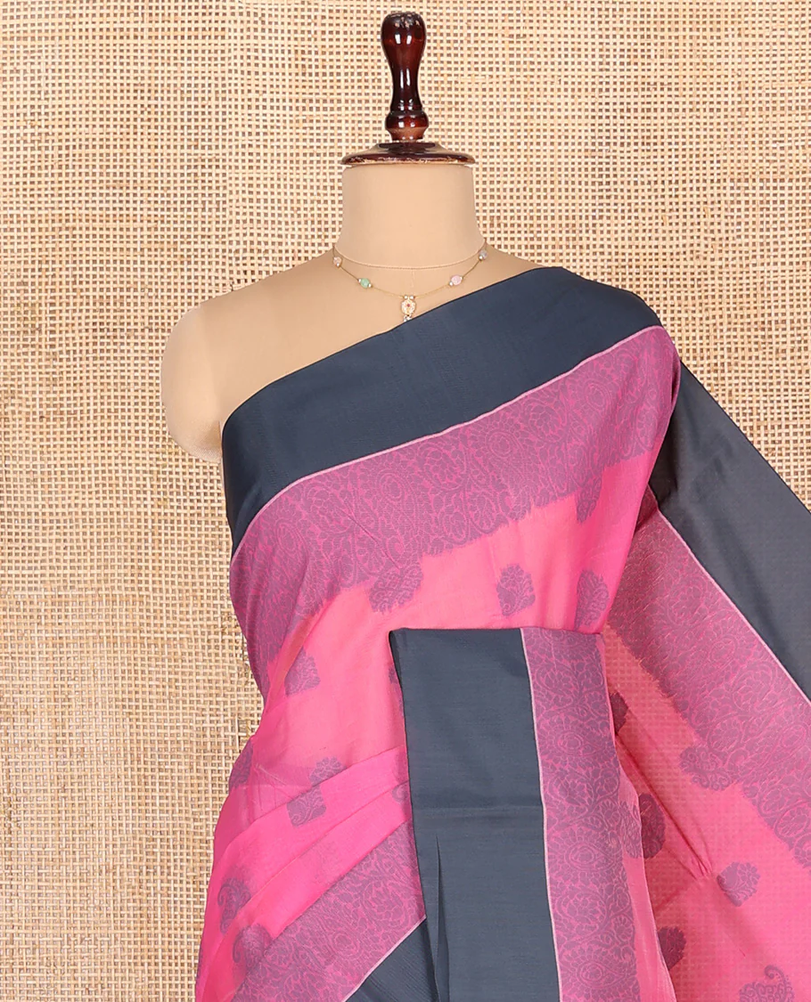 Pink Semi-Silk Cotton Saree, Sparsely Woven with Buttas and Floral-Paisley Design All Over Its Body, Complemented by Contrast Border, Sparsely Woven Pallu of Jaal Designs, and Paired with a Matching Blouse - Image 2