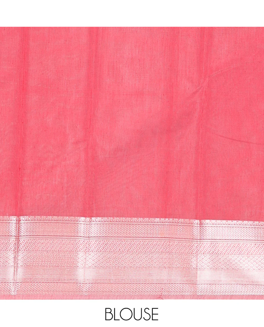 Pink Semi-Silk Cotton Saree, Sparsely Woven with Floral Buttas on Its Body, Highlighted by a Zari Traditional Border, Geometric Patterned Pallu, and Paired with a Matching Blouse - Image 4