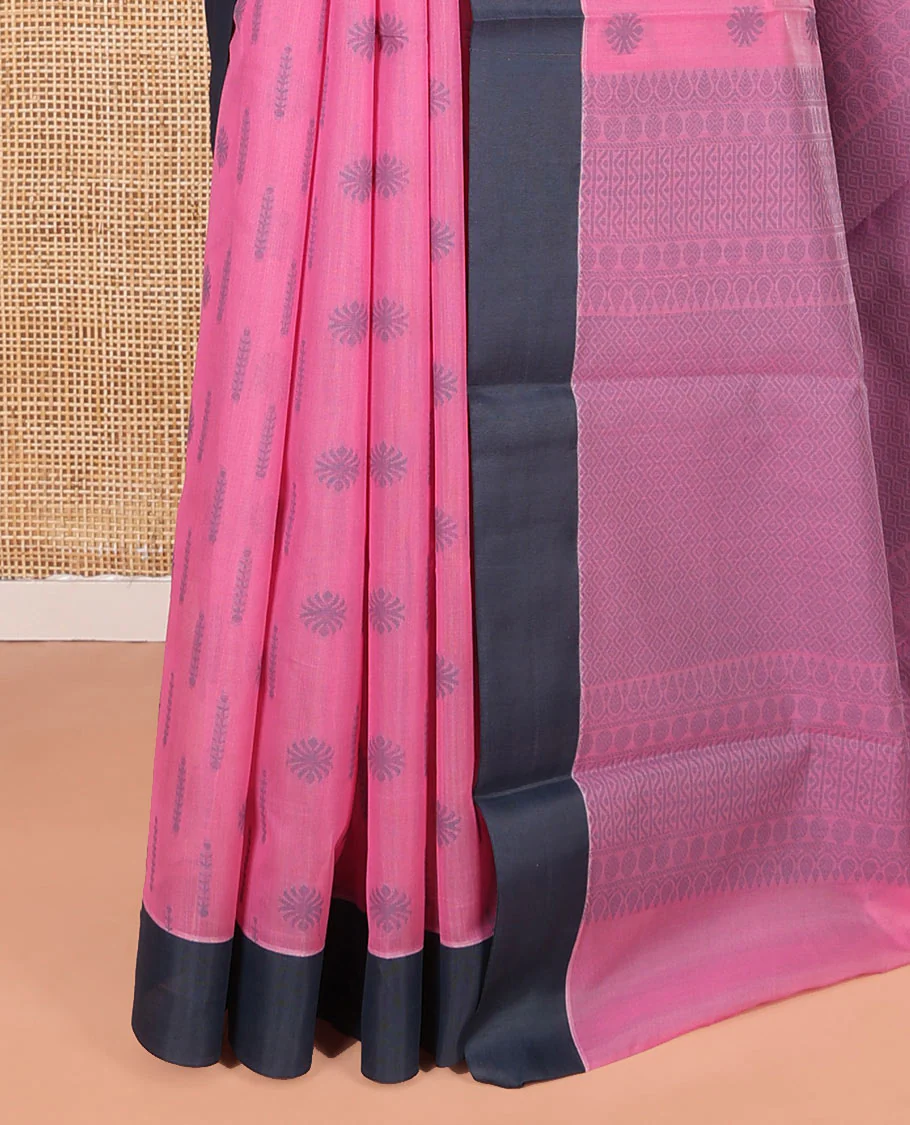 Pink Semi-Silk Cotton Saree, Subtly Sparkled with Buttas All Over Its Body, Complemented by Contrast Border, Geometric Patterned Pallu, and Paired with a Matching Blouse - Image 3