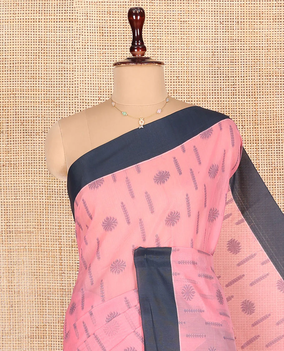 Pink Semi-Silk Cotton Saree, Subtly Sparkled with Buttas All Over Its Body, Complemented by Contrast Border, Pallu of Geometric Patterns, and Paired with a Matching Blouse - Image 2