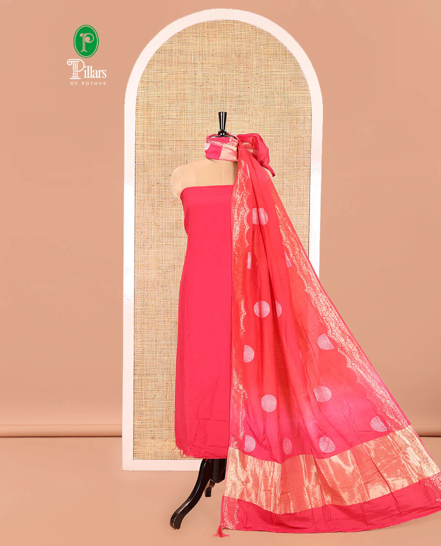 Pink Semi Silk Material Churidar Set, Subtly Made Plain Top, a Plain Santoon Bottom, and Is Paired with a Dual-Colored Bandhani Motifs Semi Silk Dupatta