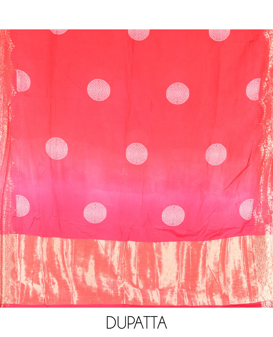 Pink Semi Silk Material Churidar Set, Subtly Made Plain Top, a Plain Santoon Bottom, and Is Paired with a Dual-Colored Bandhani Motifs Semi Silk Dupatta - Image 2