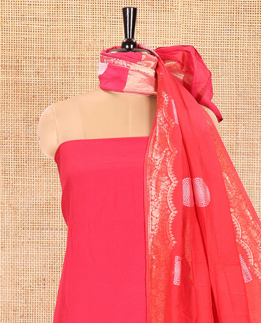 Pink Semi Silk Material Churidar Set, Subtly Made Plain Top, a Plain Santoon Bottom, and Is Paired with a Dual-Colored Bandhani Motifs Semi Silk Dupatta - Image 4