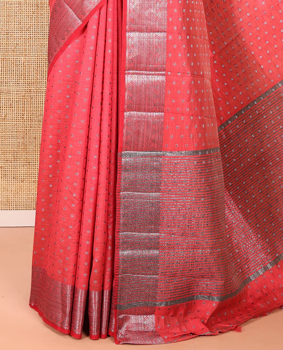 Pink Semi Tussar Saree Adorned with Zari Buttas All Over the Body, a Hazily Woven Border of Traditional Designs, Pallu Steeped with Zari Buttas and Zari Stripes, and Paired with a Matching Blouse - Image 3