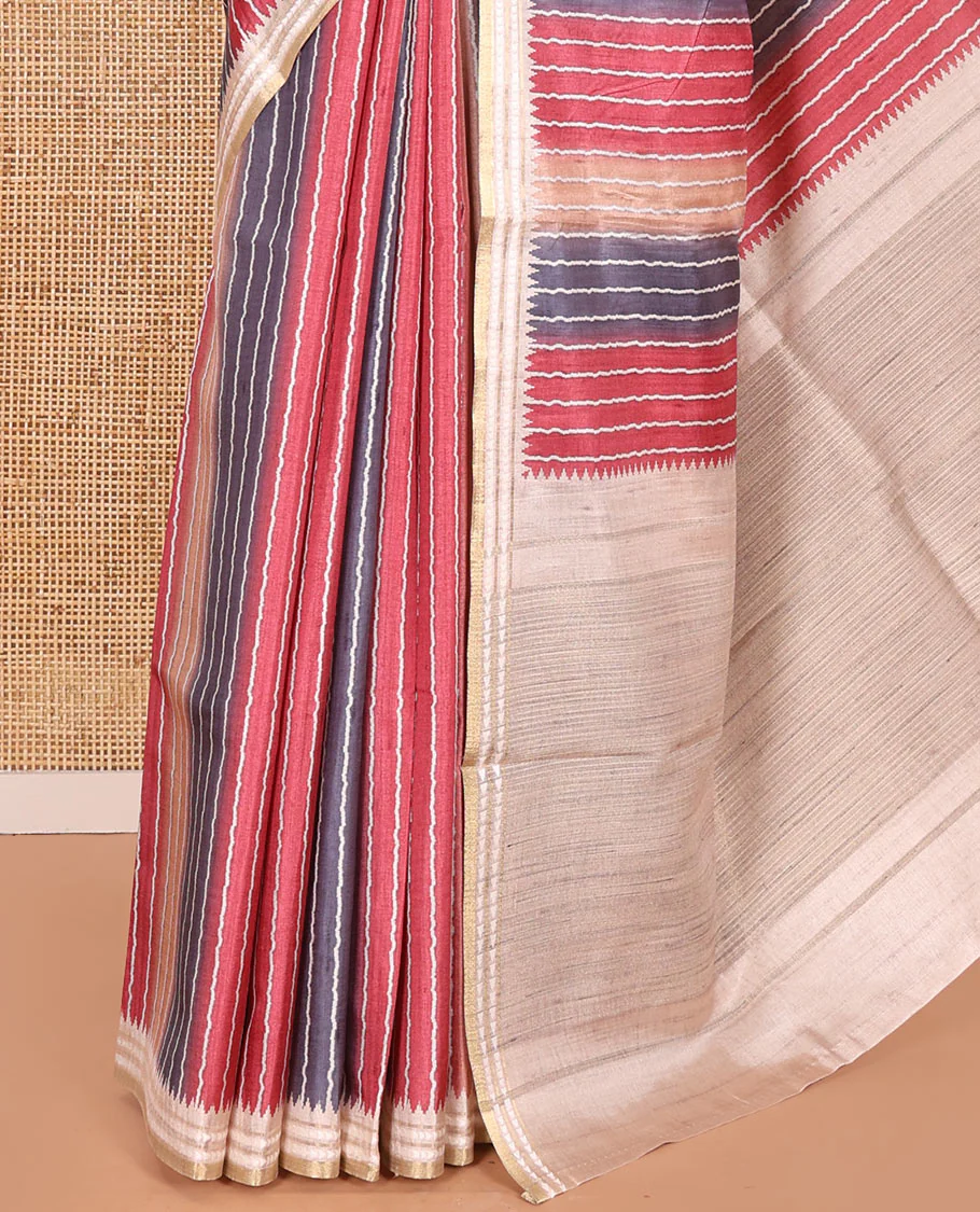 Pink Semi-Tussar Saree Colorfully Printed with Zig-Zag Stripes, Subtly Woven with a Resham Thread Temple Border, Featuring a Heathered Pallu, Paired with a Contrast Striped Blouse - Image 3
