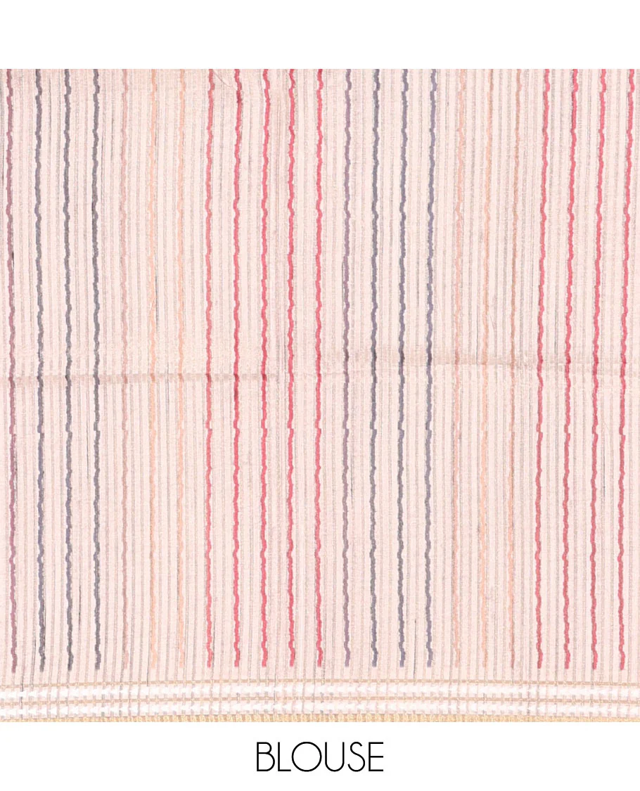 Pink Semi-Tussar Saree Colorfully Printed with Zig-Zag Stripes, Subtly Woven with a Resham Thread Temple Border, Featuring a Heathered Pallu, Paired with a Contrast Striped Blouse - Image 4