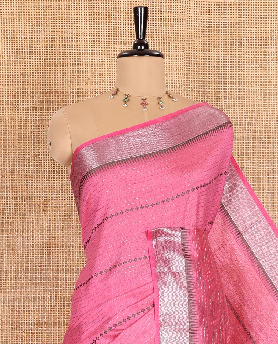 Pink Semi-Tussar Saree Embellished with Zari Horizontal Stripes and Thread Floral Designs, Featuring a Subtly Woven Temple Zari Border, a Striped Pallu, and a Matching Blouse - Image 2