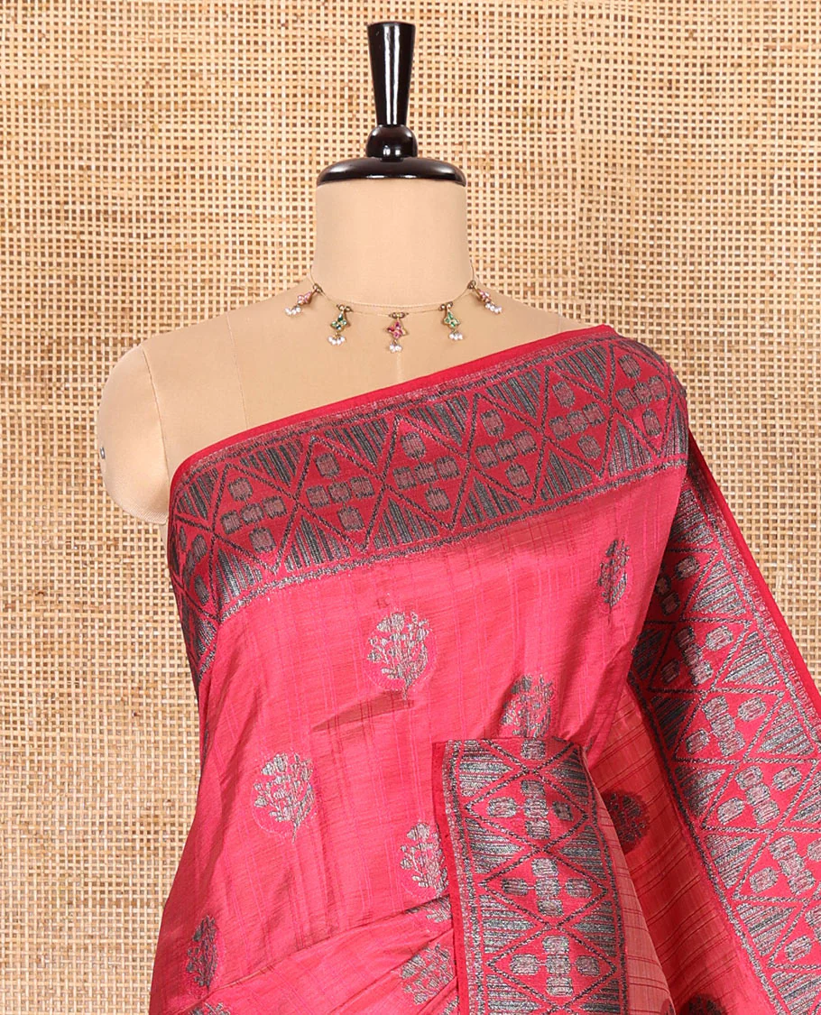 Pink Semi-Tussar Saree Subtly Woven With Floral Zari Buttas, Featuring a Geometric-Patterned Zari Border, Adorned With a Butta-Enclosed Checked Pallu, and a Matching Blouse - Image 2